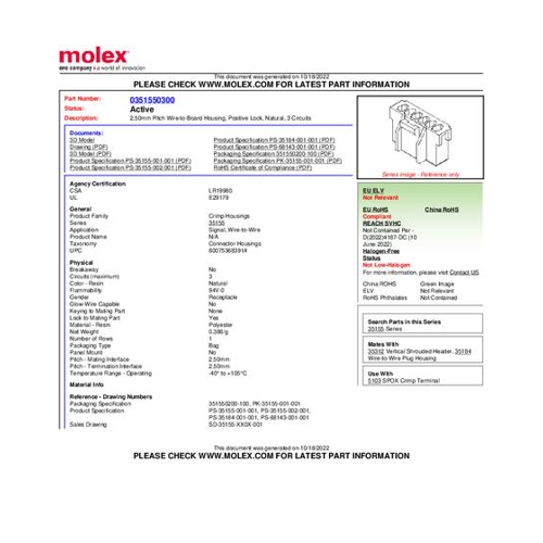 Bild von Molex Stiftgehäuse-Kabel mit 3 Polen und 2.50mm Rastermaß