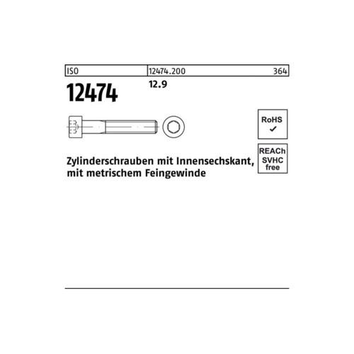 Bild von Zylinderschraube mit Innensechskant ISO 12474 aus Stahl 12.9 M10x1 x 100mm