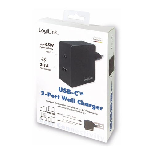 Bild von LOGILINK USB-Lader PA0213, 2-fach, 65 W, 1xUSB-A, 1xUSB-C, schwarz