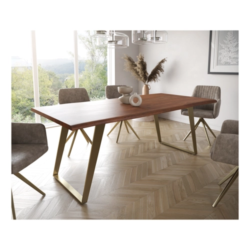 Bild von Esstisch Edge 200x100 Akazie Braun Edelstahl Gold Schräg Live-Edge