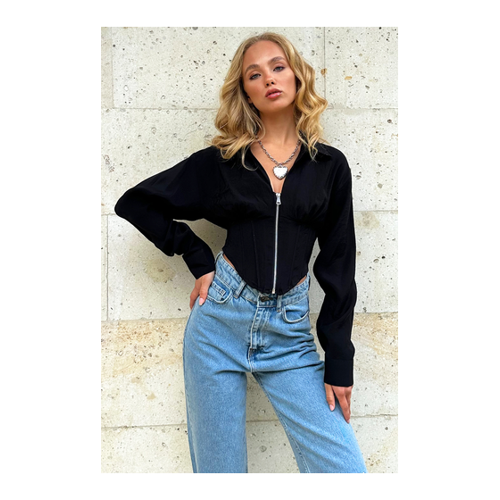 Bild von Trend Alaçatı Stili Schwarze Crop-bluse Mit Korsett-detail Und Hemdkragen – für Damen - L