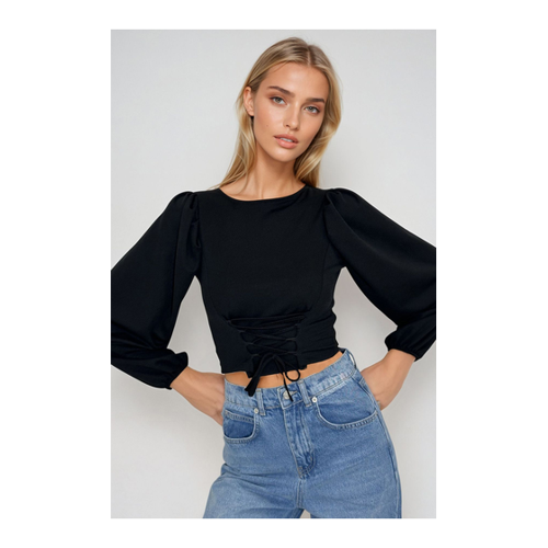 Bild von Trend Alaçatı Stili Schwarze Bluse Mit Rundhalsausschnitt Und Korsage Vorne