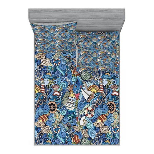 Bild von ABAKUHAUS Nautisch Buntes Spannbetttuch- und Kissenbezug-Set – Abstrakt Sea Shells