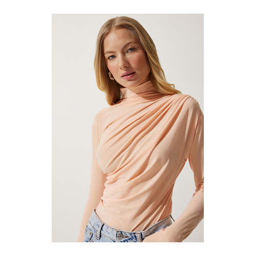 Bild von Happiness İstanbul Sandy Bluse Mit Stehkragen Und Raffung In Pfirsichfarben für Damen - 40
