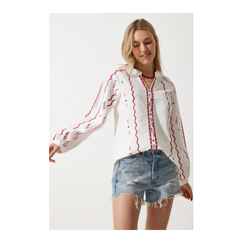 Bild von Happiness İstanbul Bluse Aus Besticktem Leinen – Ecru für Damen