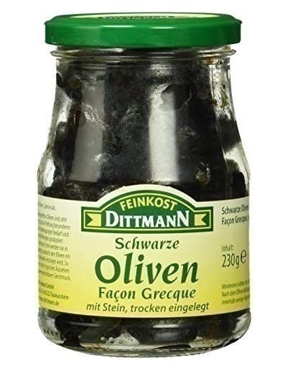 Bild von Feinkost Dittmann Schwarze Oliven, Façon Grecque, trocken eingelegt, mit Stein, 6er Pack (6 x 230 g) im Test