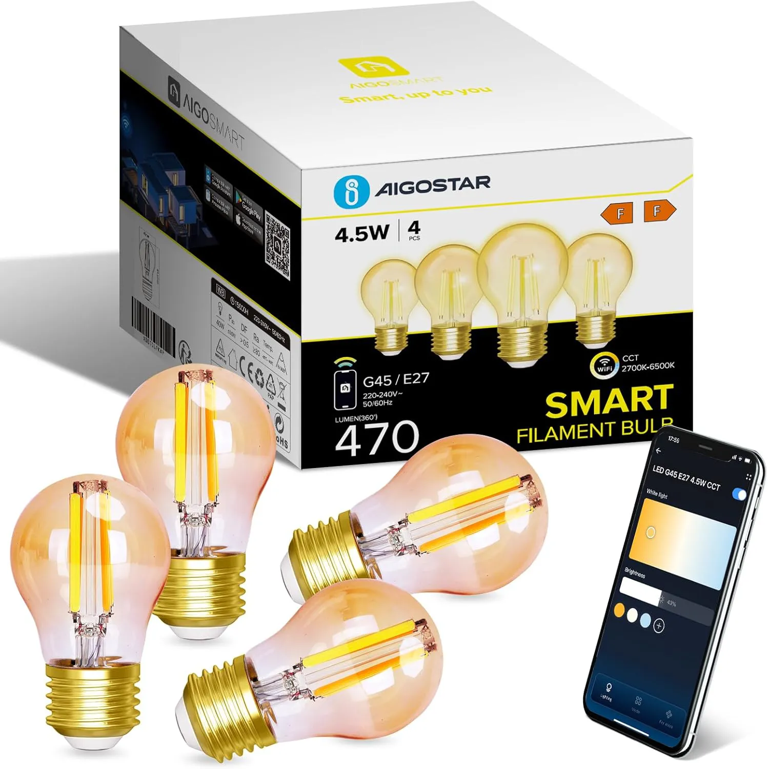 Bild von Aigostar Smart LED Vintage Glühbirne E27 im 4er Set, dimmbar von 2700K bis 6500K, kompatibel mit Alexa und Google Home