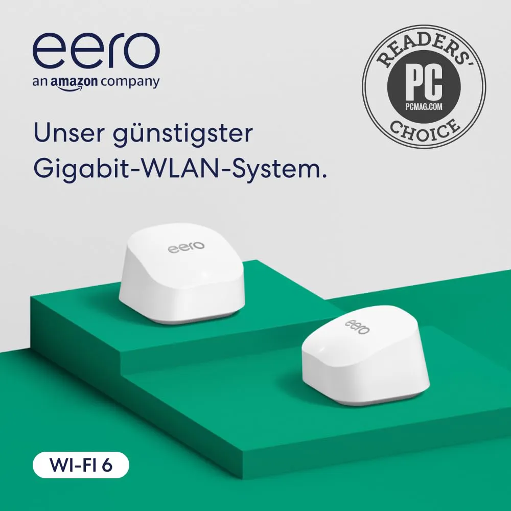 Bild von Amazon eero 6+ Mesh WLAN Router Doppelpack mit 1 Gbit/s Ethernet und bis zu 280 m² Abdeckung für über 75 Geräte