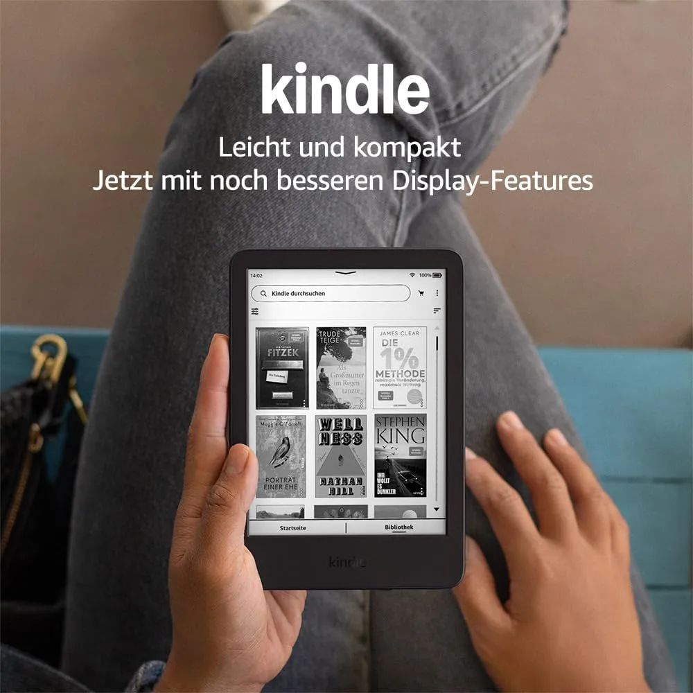 Bild von Amazon Kindle mit 16 GB, leicht und kompakt, blendfreier Bildschirm, schnelles Umblättern, anpassbares Frontlicht, lange Akkulaufzeit, ohne Werbung, schwarz