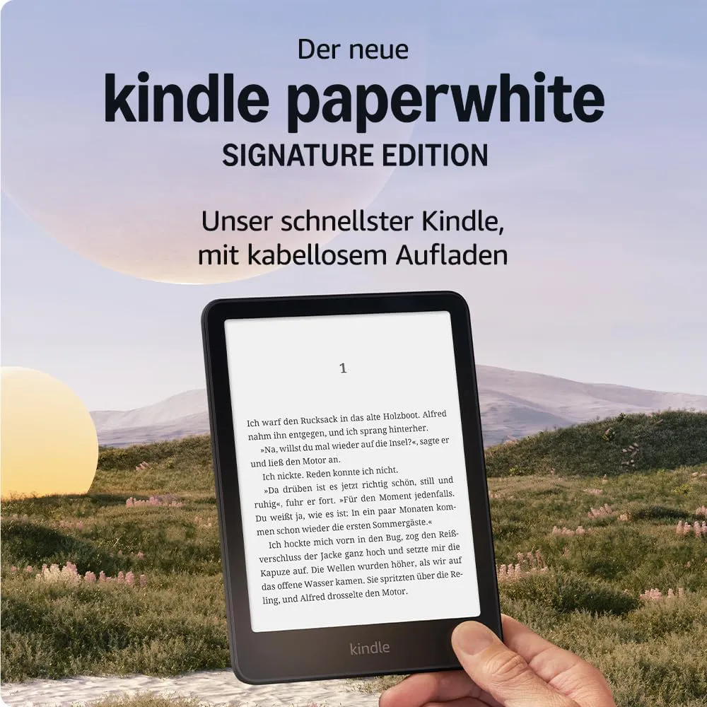 Bild von Amazon Kindle Paperwhite Signature Edition mit 32 GB, automatischem Frontlicht, kabellosem Aufladen und wochenlanger Akkulaufzeit in schwarz metallic