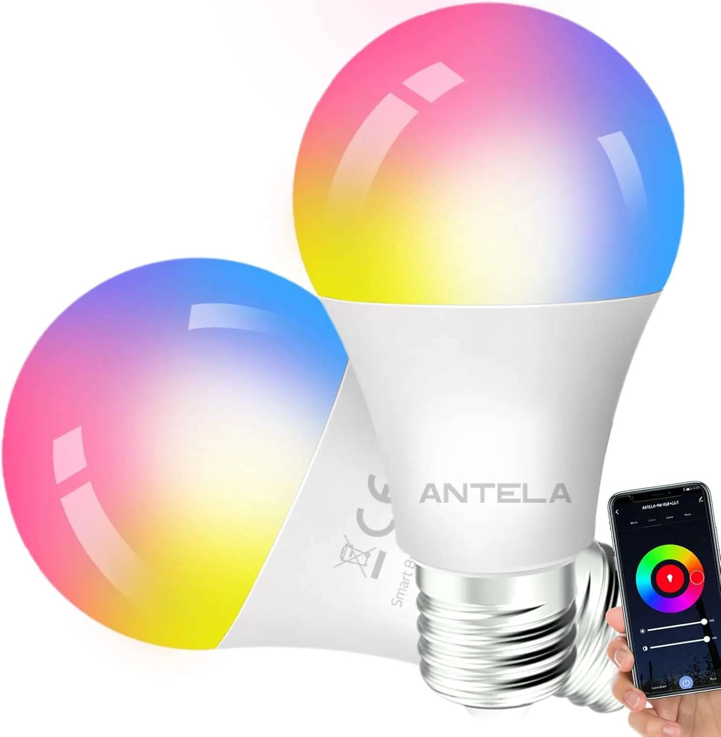 Bild von ANTELA Smart LED Glühbirne E27 9W mit RGB und dimmbarem Licht, 806 Lumen, kompatibel mit Alexa und Google Home, 2 Stück