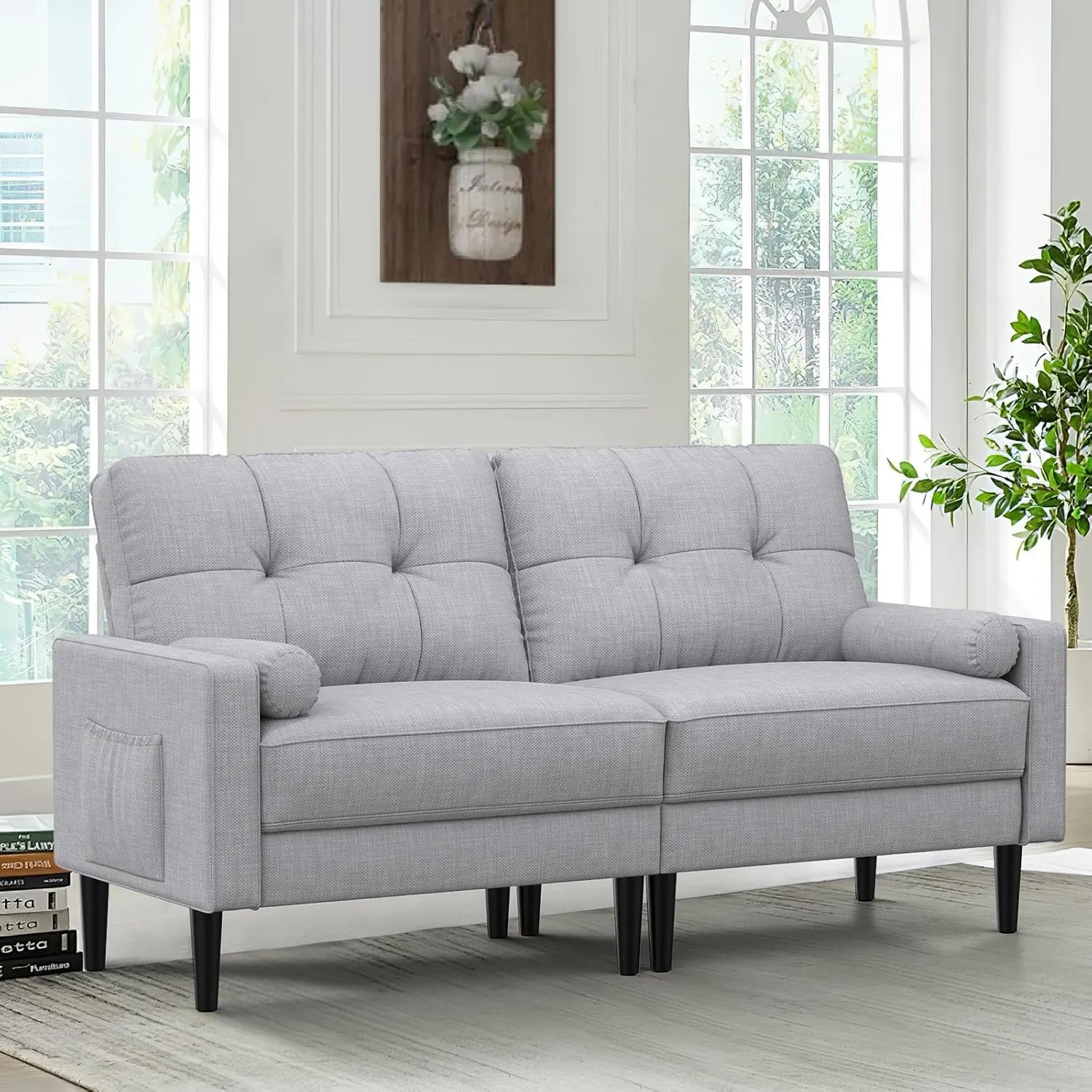 Bild von Aotumm Ciort 2-Sitzer Sofa in Grau mit dicken Polstern und 2 Kissen, ideal für Wohnzimmer, Schlafzimmer oder Büro, leicht zusammenbaubar und mit 2 Staufächern