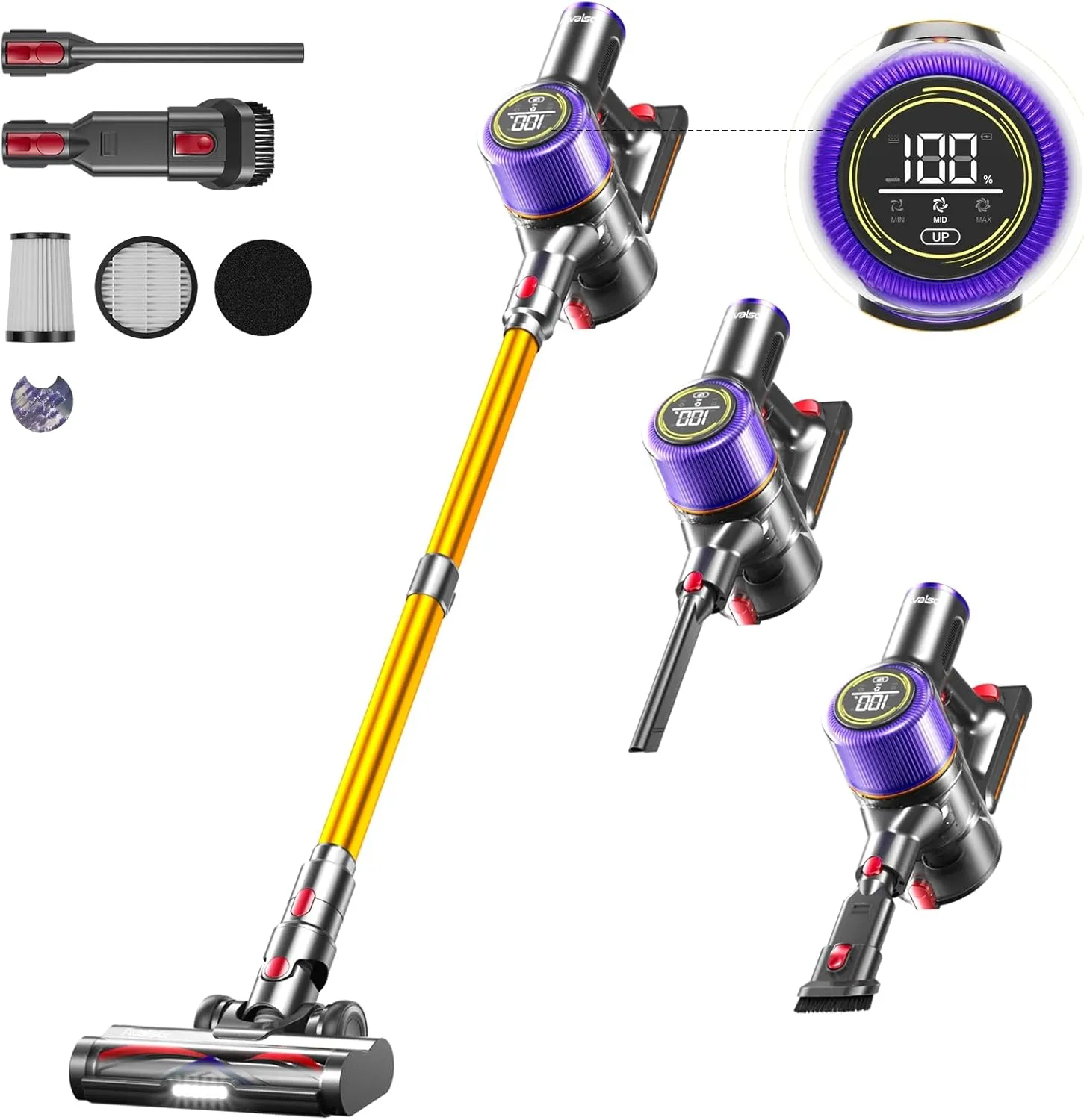Bild von Avalsor Akku Staubsauger mit 550W, 45000Pa und 65 Minuten Laufzeit, kabellos mit Touchscreen und Anti-Tangle-Bürste, 1.5L Staubbehälter, 9-in-1 für Hartböden, Teppiche und Tierhaare
