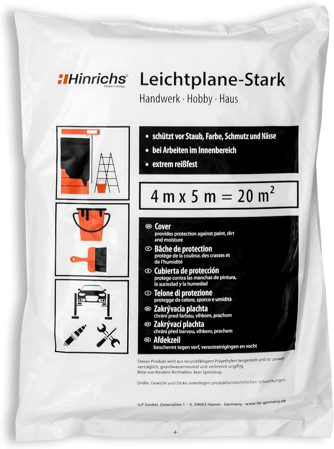 Bild von Hinrichs Malerfolie 4x5 Meter im 1er Pack für 20 Quadratmeter als Schmutz- und Staubschutz aus 7my HDPE Folie