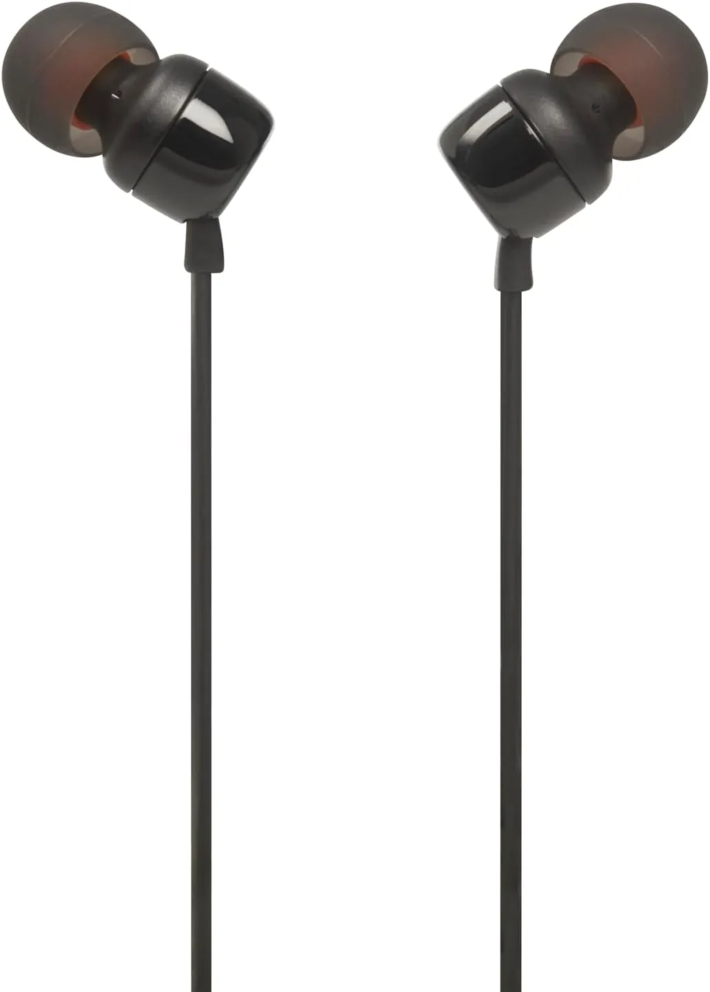 Bild von JBL Tune 110 In-Ear Kopfhörer mit flachem Kabel und Mikrofon in Schwarz, ausgestattet mit Pure Bass Sound Technologie