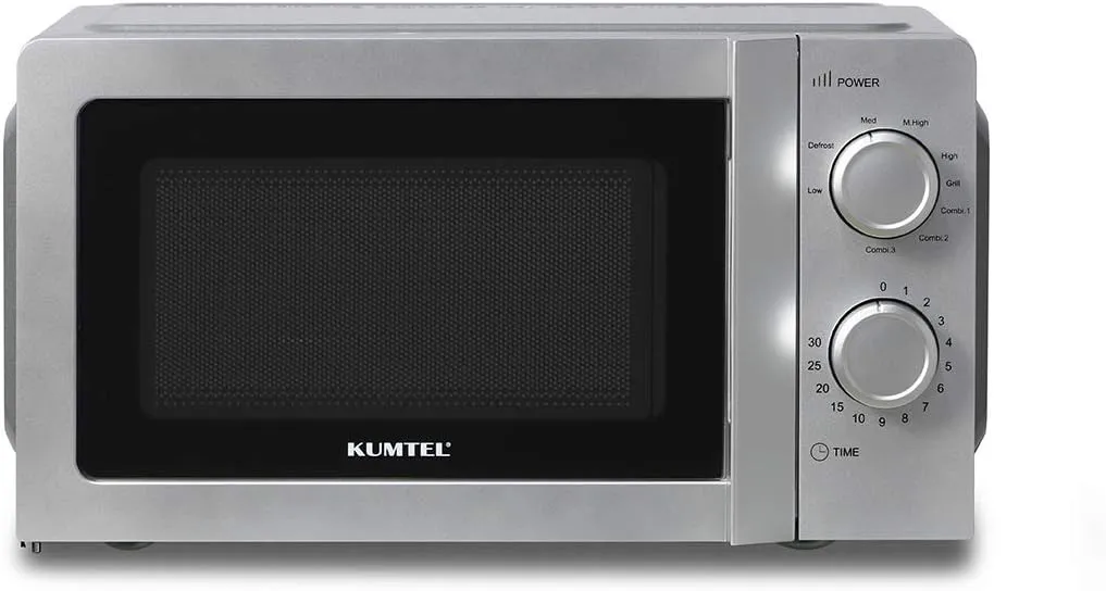 Bild von KUMTEL 2-in-1 Mikrowelle mit Grill und 20 Litern Volumen, 700 Watt, 8 Leistungsstufen und einem 24,5 cm Glasdrehteller in Silber