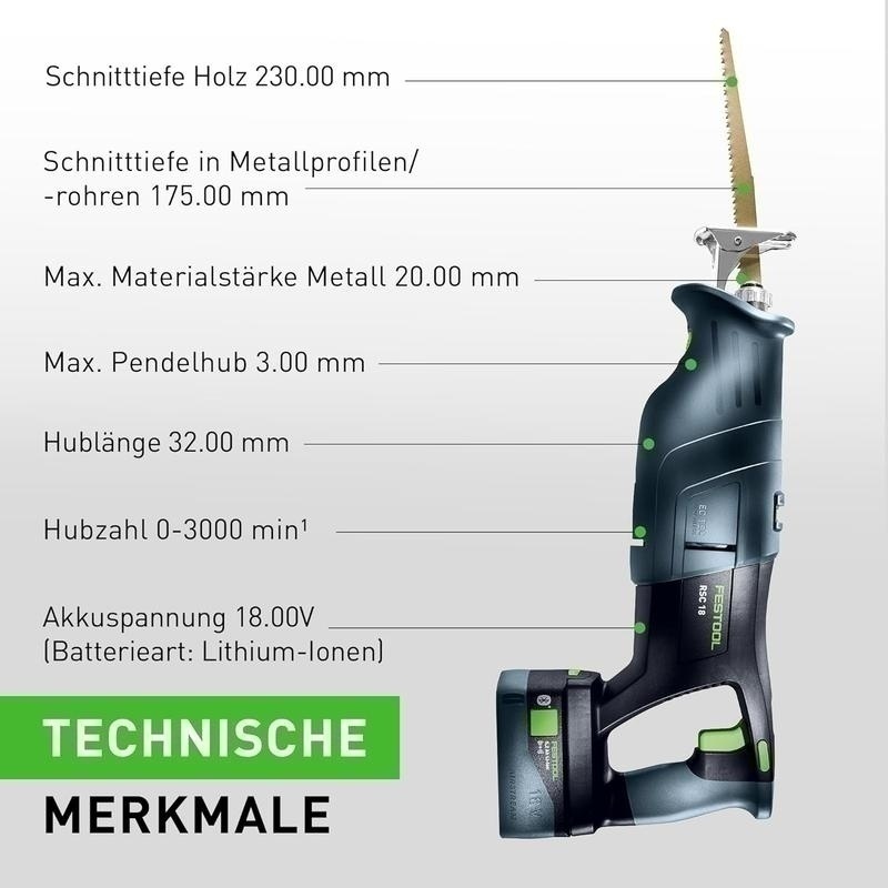 Bild von Festool – Akku-Säbelsäge RSC 18 EB-Basic inkl. Absaugvorrichtung + Säbelsägeblatt WOOD UNIVERSAL + Systainer SYS3 L 187