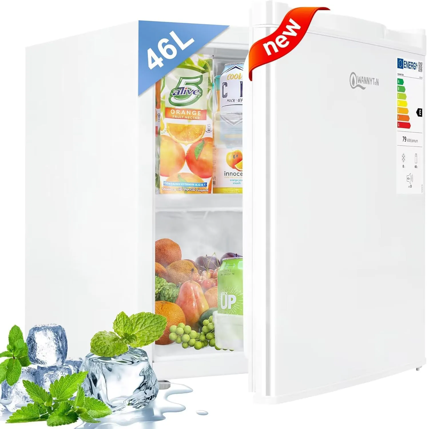 Bild von WANNYTON Mini Kühlschrank E mit 46 Litern und Gefrierfach, umkehrbarer Tür und 7 Temperaturstufen, ideal für Küche, Büro und kleine Wohnungen