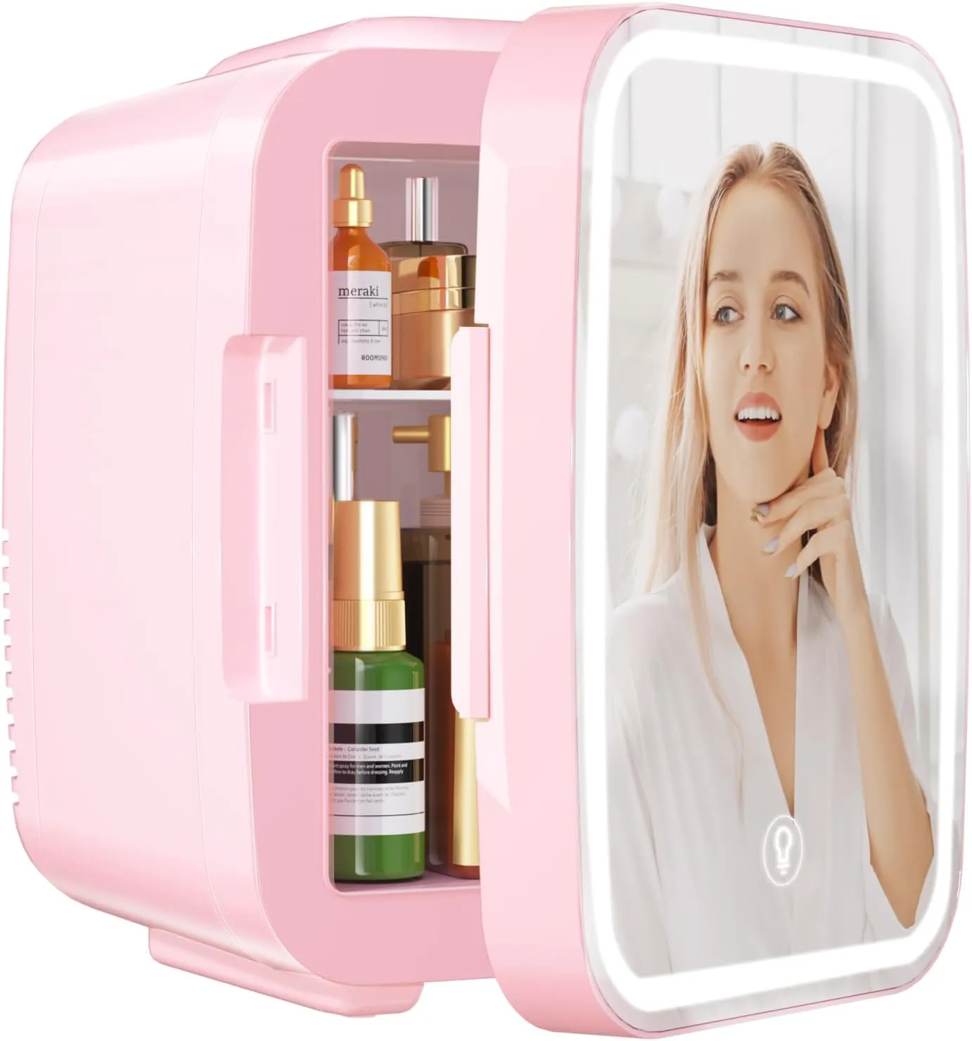 Bild von YASHE Mini-Kühlschrank 4 l für Schlafzimmer und Skincare mit LED-Spiegel, tragbar und thermoelektrisch in Rosa