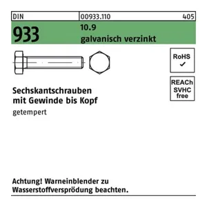 Bild von Reyher Sechskantschraube M 12 x 150 DIN 933 VG 10.9 galvanisch verzinkt