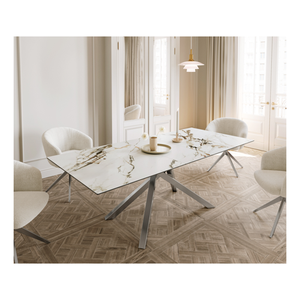 Bild von Esstisch Edge 180-220x100 Keramik Calacatta Luxe Weiß-Gold-Grau Kreuzgestell Rechteck Edelstahl ausziehbar