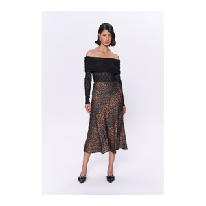 Bild von Quzu Brauner Satin-Midirock mit Leopardenmuster für Damen – S