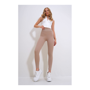 Bild von Trend Alaçatı Stili Beige Strumpfhose mit Hoher Taille und Kordel Lycra für Damen