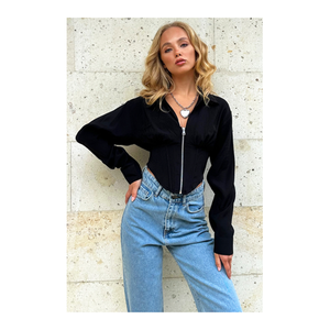 Bild von Trend Alaçatı Stili Schwarze Crop-bluse Mit Korsett-detail Und Hemdkragen – für Damen - L