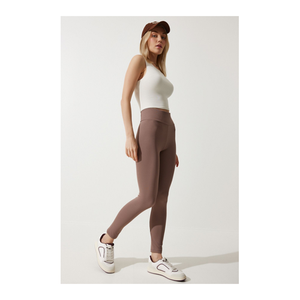 Bild von Happiness İstanbul Dunkelbeige Leggings Aus Rippstrick Mit Hoher Taille für Damen - 40