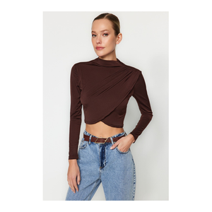 Bild von Trendyol Collection Dunkelbraune Drapierte Crop-bluse Mit Hohem Kragen für Damen - S
