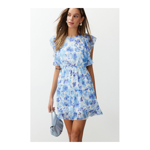 Bild von Elegantes Blaues Mini-Webkleid mit Blumenmuster für Damen