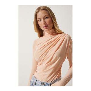 Bild von Happiness İstanbul Sandy Bluse Mit Stehkragen Und Raffung In Pfirsichfarben für Damen - 40