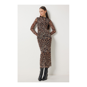 Bild von Happiness İstanbul Braun-beigefarbenes Tüllkleid Mit Leopardenmuster Und Kordelzug für Damen - 40