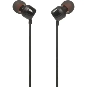 Bild von JBL Tune 110 In-Ear Kopfhörer mit Flachbandkabel und Mikrofon in Schwarz, ausgestattet mit Pure Bass Sound Technologie