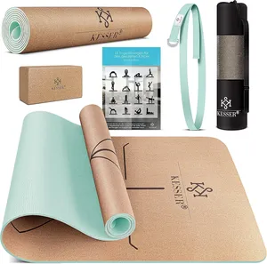 Bild von KESSER Yogamatte aus Kork mit Tragegurt, Tasche und Yoga Block, rutschfest und extradick, 183 x 62 cm