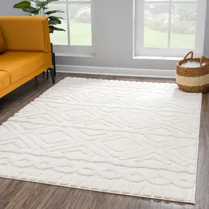 Bild von payé Hochflor Teppich in Pastell Creme 80x150 cm mit modernen Rautenornamenten für Wohnzimmer und Schlafzimmer