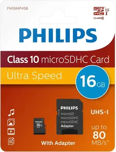 Bild von Philips microSDHC Karte mit 16 GB und SD Adapter, UHS-I U1, Lesegeschwindigkeit bis zu 80 MB/s, A1 App Performance, V10, geeignet für Smartphones, Tablets und PCs