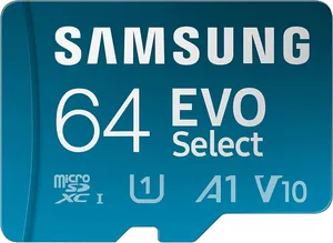 Bild von Samsung EVO Select 64 GB microSD-Karte mit SD-Adapter, UHS-I U1, 130 MB/s Lesegeschwindigkeit