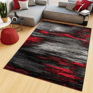 Bild von TAPISO Maya Teppich in 160 x 230 cm mit modernem Streifen Design in Schwarz, Grau, Rot und Weiß, geeignet für Wohnzimmer und Schlafzimmer, ÖKOTEX zertifiziert