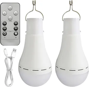 Bild von USB aufladbare LED Glühbirnen Set mit 2 Stück, 12W, Haken und Fernbedienung für Camping und Notlicht